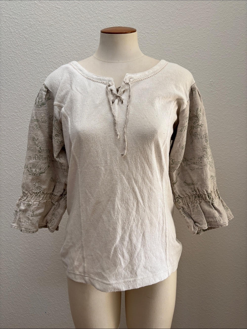 European Linen Blouse with Script Print Sleeves